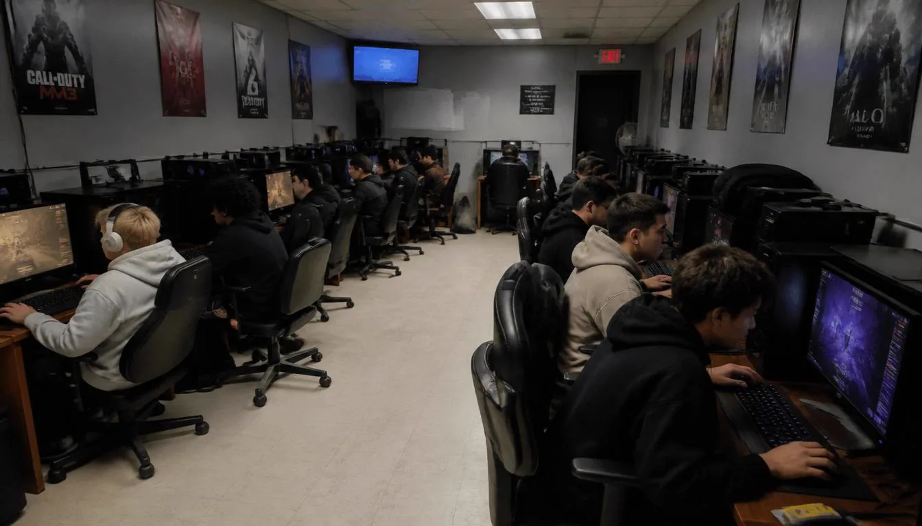 Players sitting at bright PC gaming stations from behind, station number 031 on the wall of the computer club