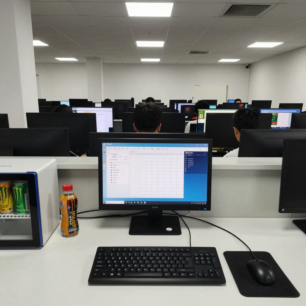 A long wooden desk of clean gaming monitors and keyboards ready for the next player at the computer club